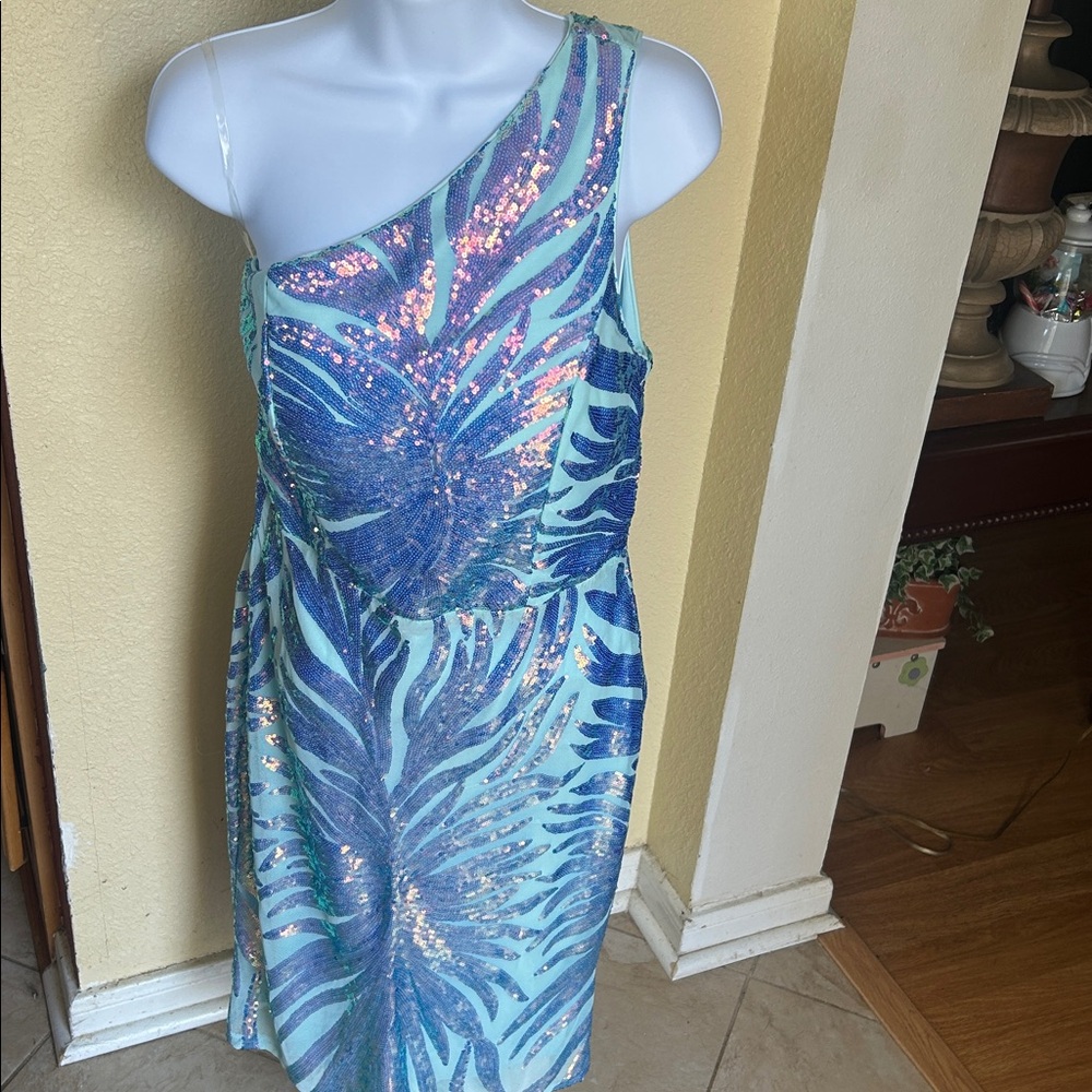 Elegant One-Shoulder Sequin Dress - Blue and Purple